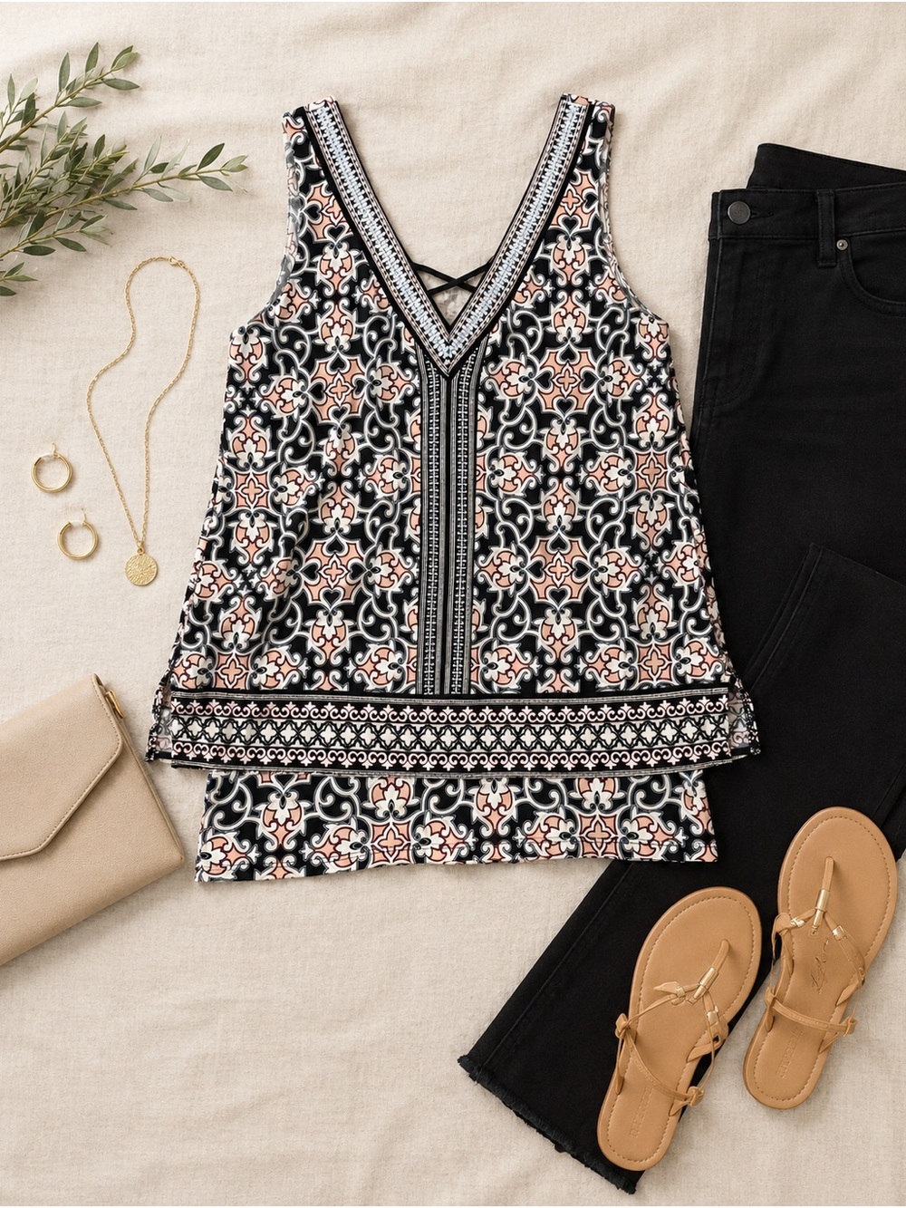 White House Black Market Black & Peach Printed V-Neck Tank